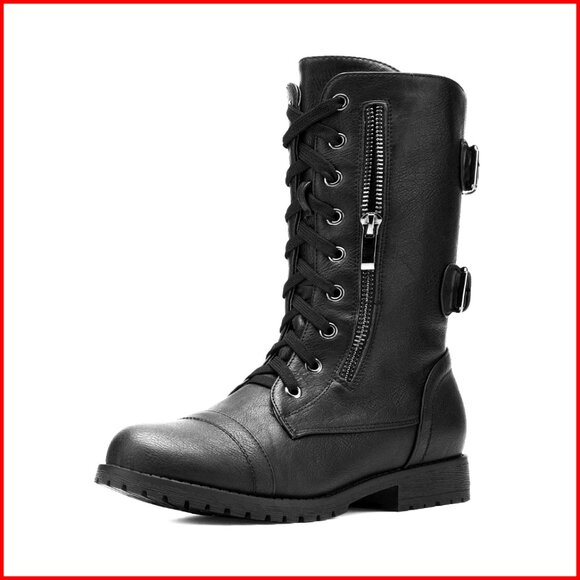 Women's Mid Calf Combat Boots with Built-in Wallet Pocket Lace Up